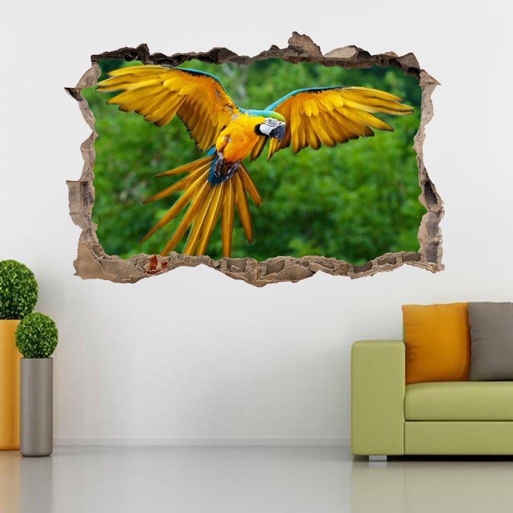Parrot 3D Smashed Wall Sticker Decal Home Decor Art Mural Animals Birds J758