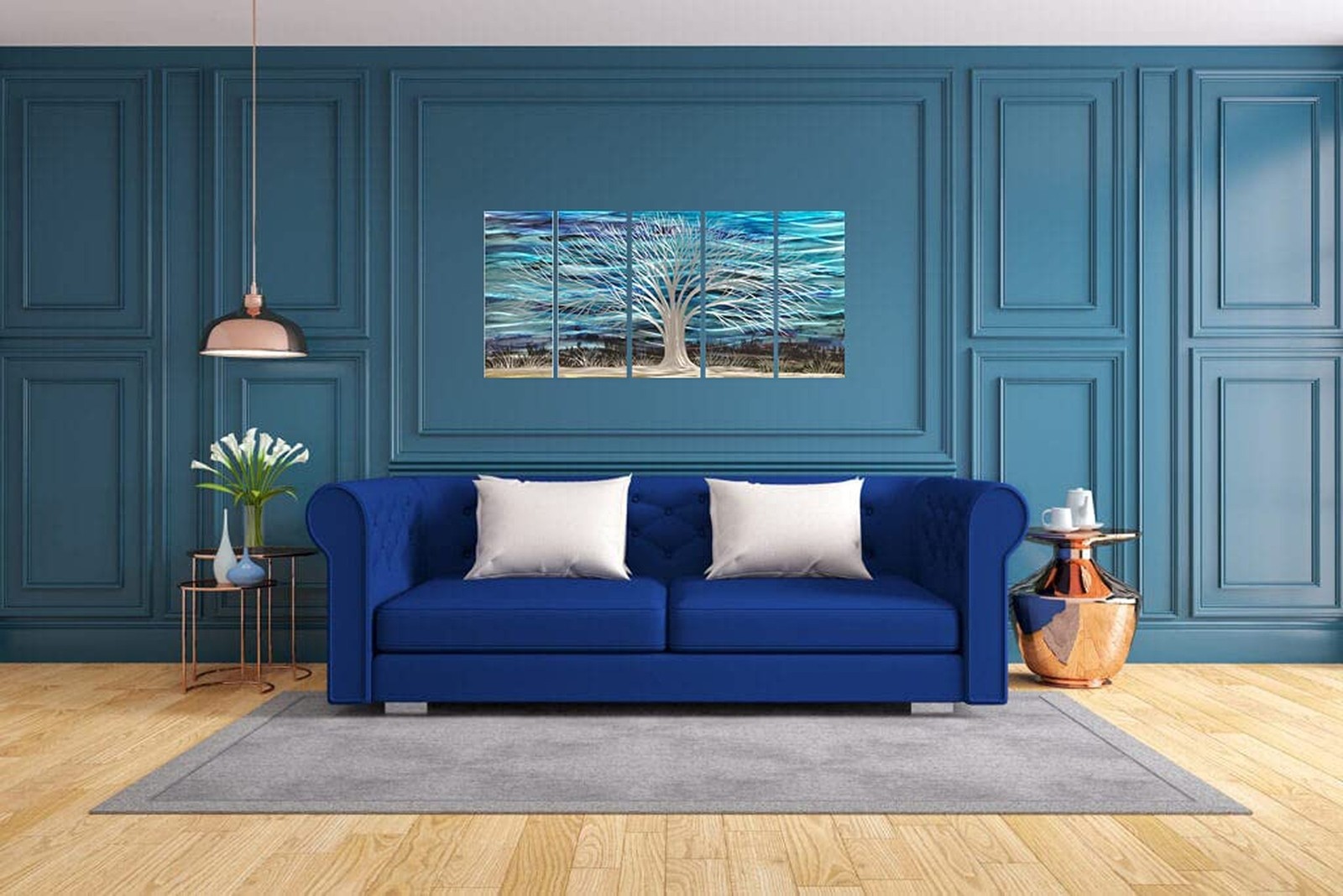 RICHSPACE ARTS 3D Blue Abstract Metal Wall Art Bright Silver Tree Metallic Ar…
