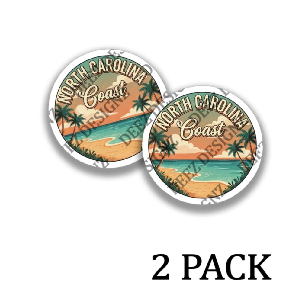 North Carolina Coast Sunset – Retro Round Adhesive Vinyl Stickers – 2 pack set