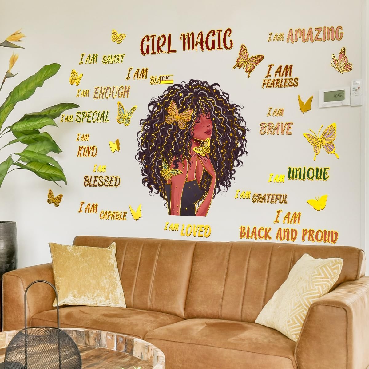 Black Girl and Butterfly Wall Stickers Motivational Quote Wall Decal Gold-Pla…