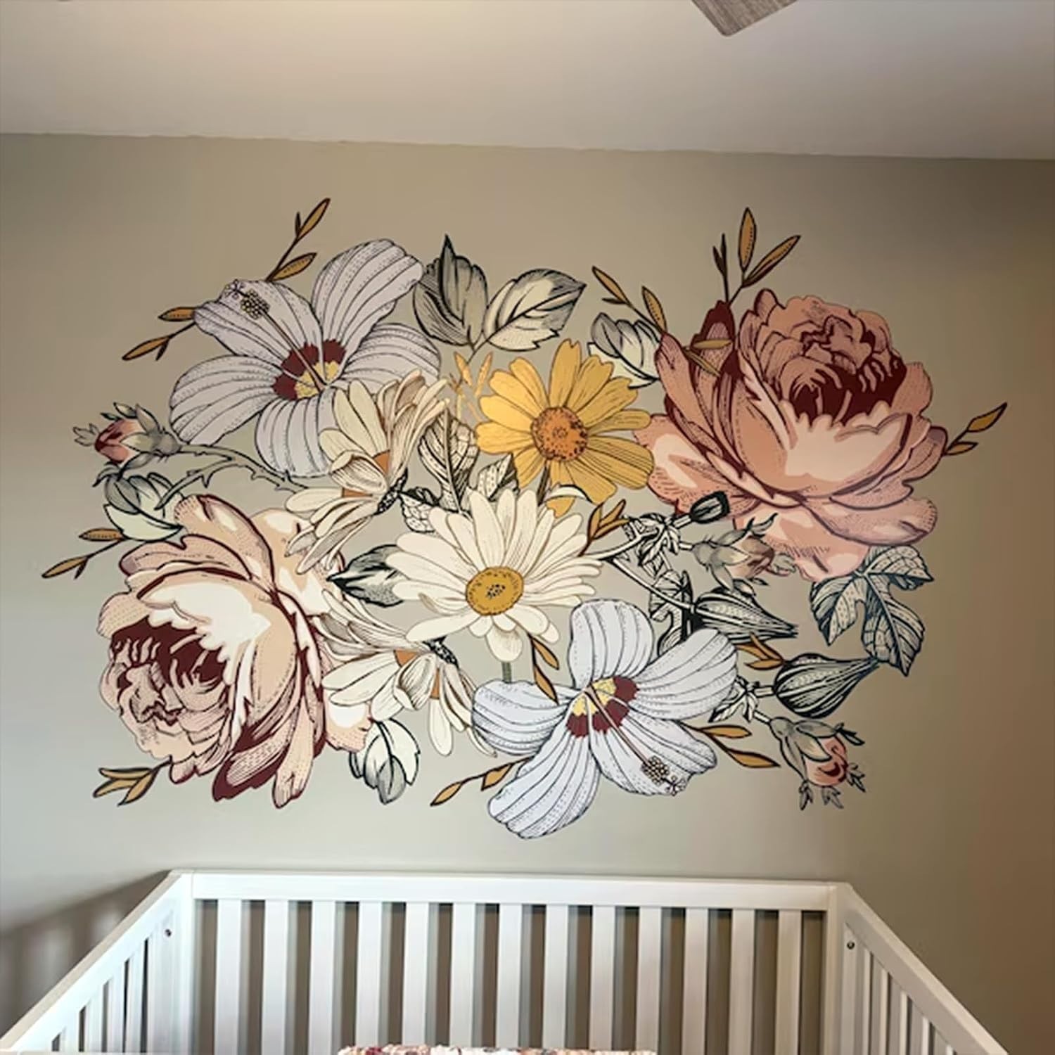 Vintage Peony & Daisies Wall Sticker – Elegant Floral Decal for Indoor Charm