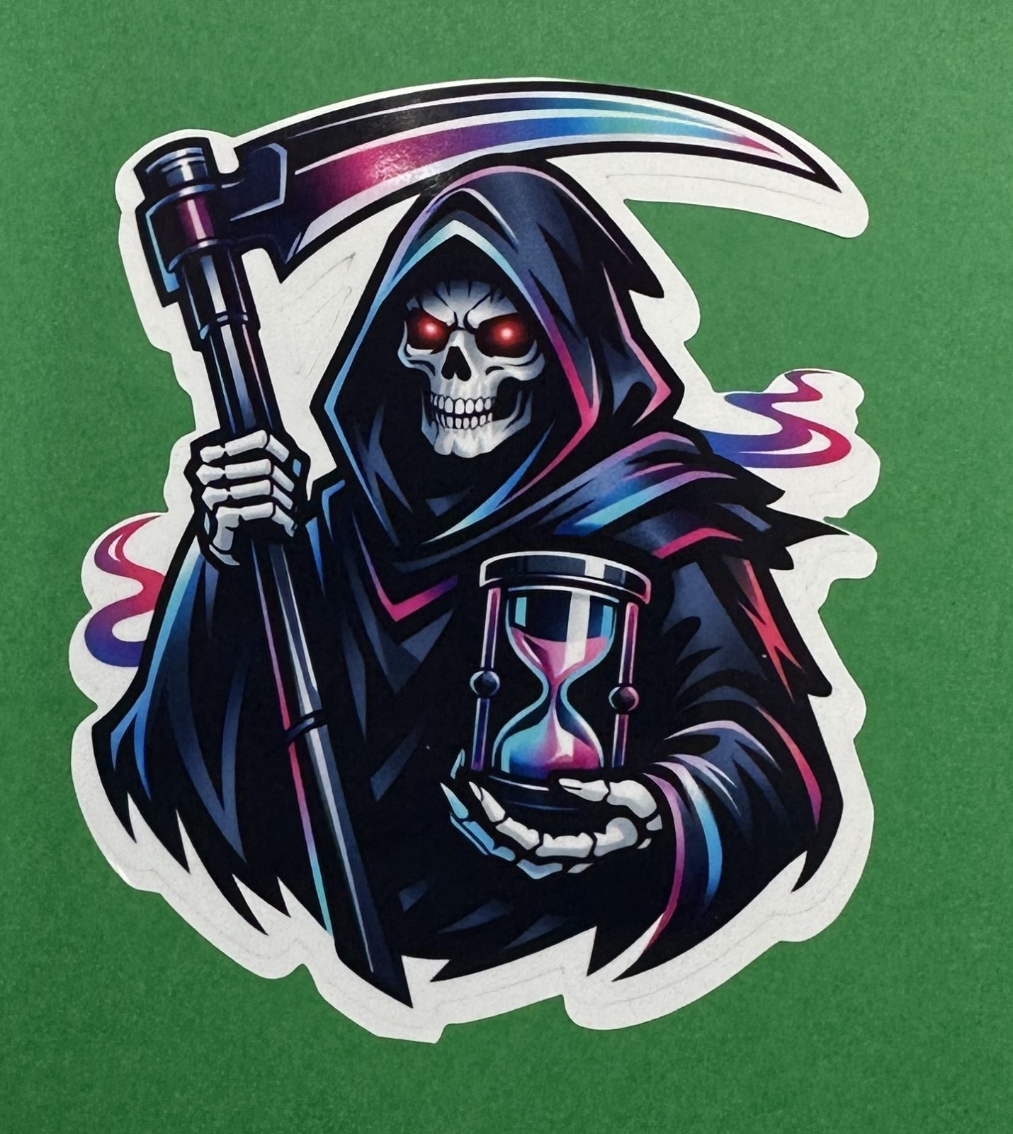 3 inch Grim Reaper Hourglass Vinyl Sticker Neon Skull Scythe Horror Decal