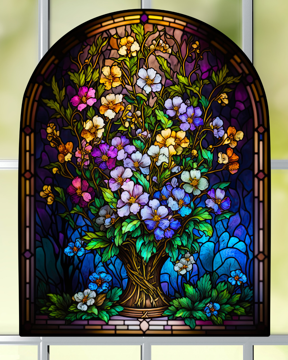 Primroses Faux Stained-Glass WINDOW CLING Size 10.3" Arch Shape ~ Vinyl