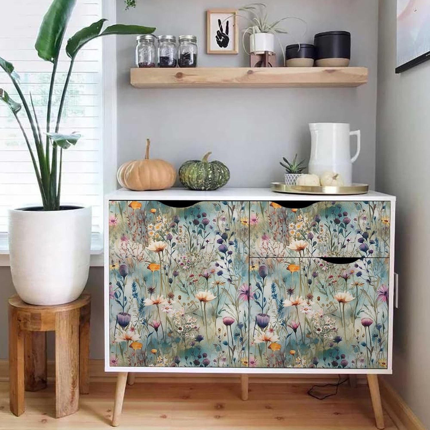 Watercolor Blue Green Purple Beige Wildflower Peel and Stick Wallpaper Wall D…