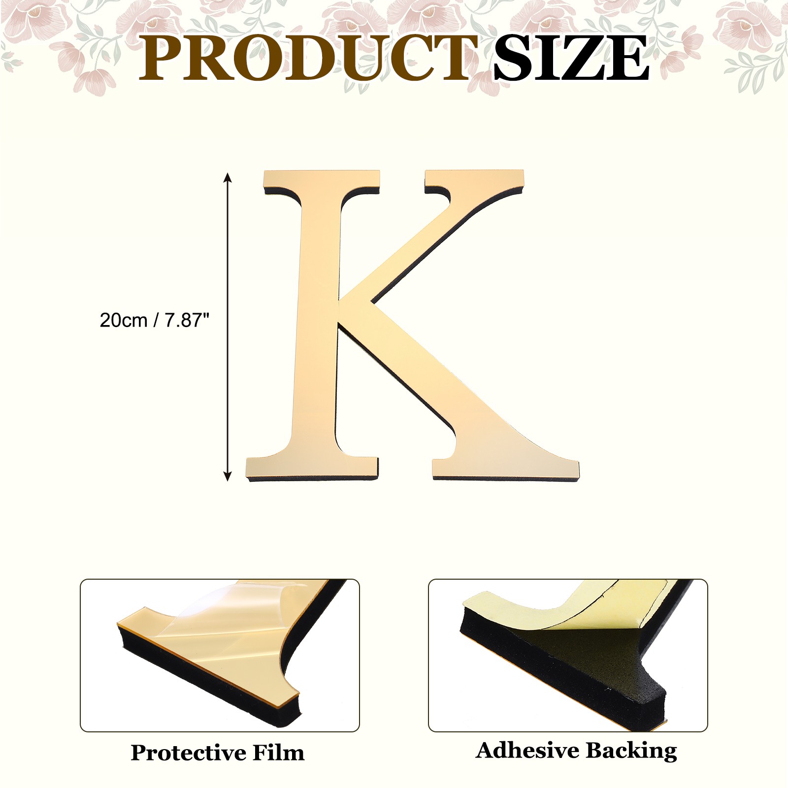 7.87 Inch 3D Acrylic Alphabet Mirror Wall Stickers Letter K Light Gold