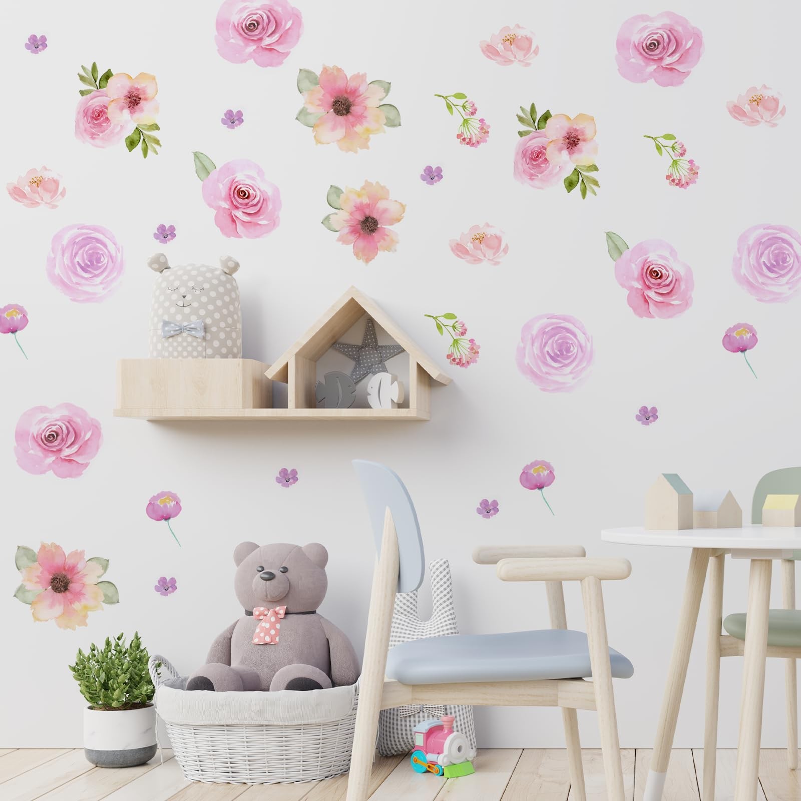 60pcs Pink Flower Wall Sticker PVC Peel and Stick Wall Decals Cute Peony Flor…