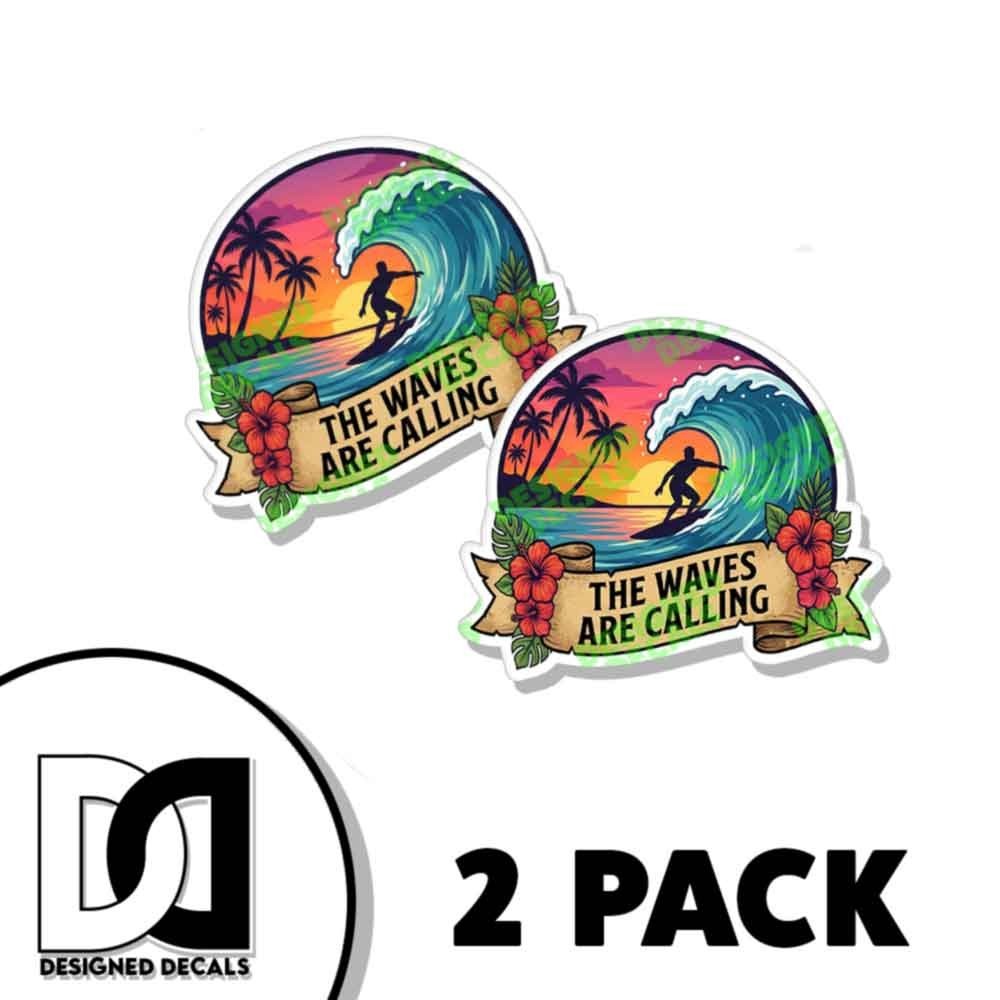 Tropical The Waves Are Calling Hawaii Surfing Sticker Decal Sticker 2 PACK