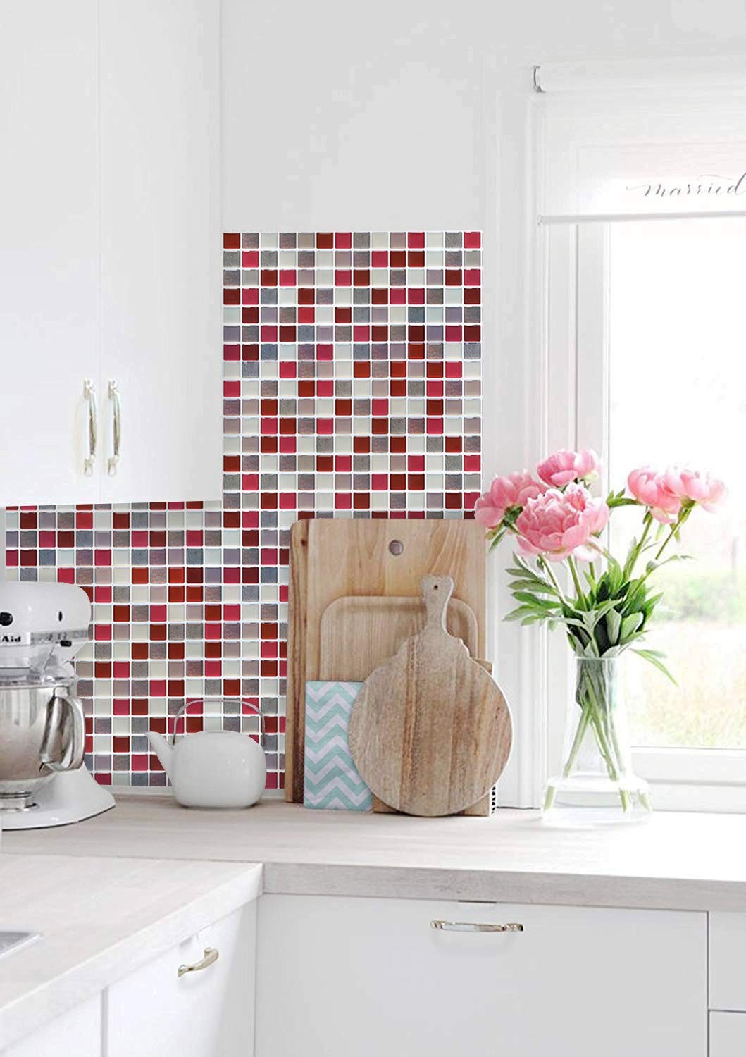 3D Mosaic Tile Sticker Removable Wallpaper Tile Red, 3D Adhesive Wall Tiles B…