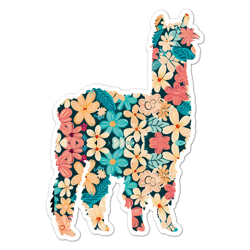 Llama Alpaca Flowers, Vinyl Decal Sticker, Indoor Outdoor, 3 Sizes, #9145