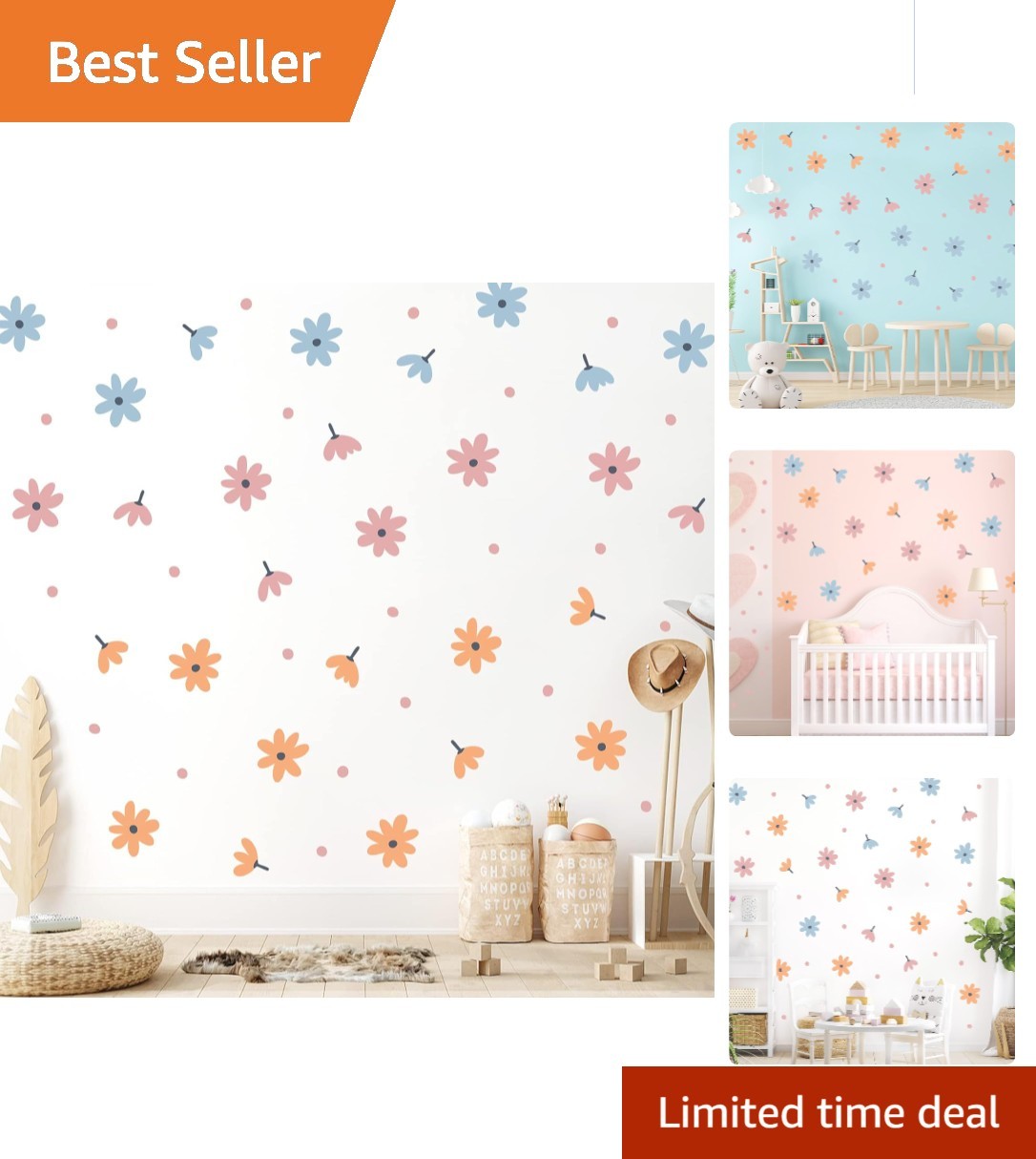 Waterproof Floral Wall Decals – Retro Daisy Decor for Kids' Rooms, 44 Stickers