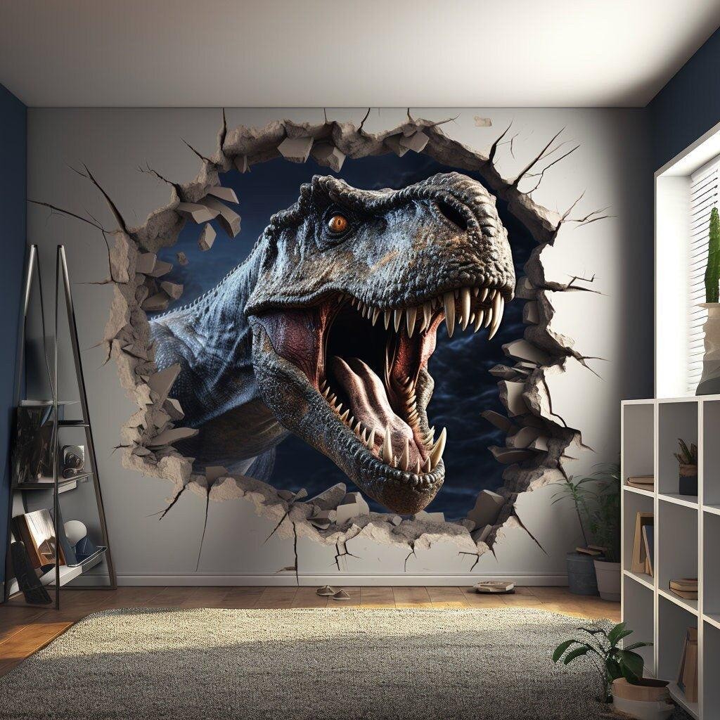 3D Dinosaur Wall Decal: Illusion Wall Art Sticker for Kids Room Decoration