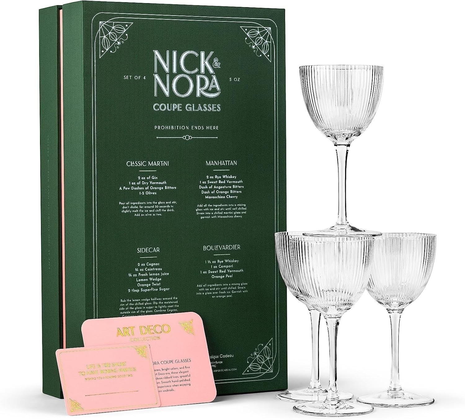 Art Deco Coupe Glasses Set of 4 | 5 oz Ribbed Cocktail Goblets for Drinks