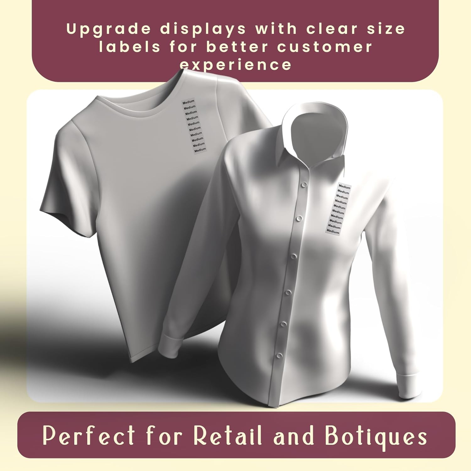 Medium Clothing Labels – Clear Size Strip Stickers with Black Text, 1.25 X 5 Inc