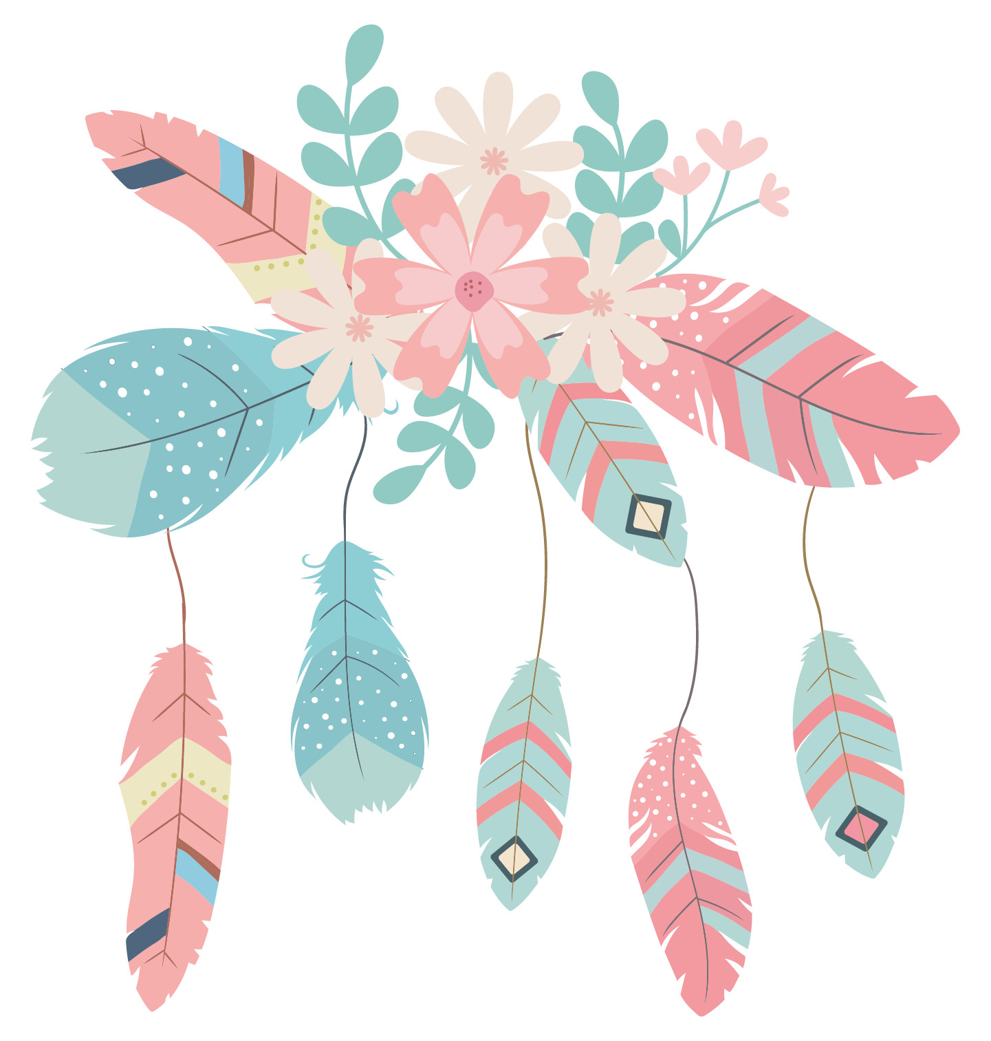 Home Art Multicolored Flowers Leaves Bird Feathers Design Vinyl Wall Decal 20×21