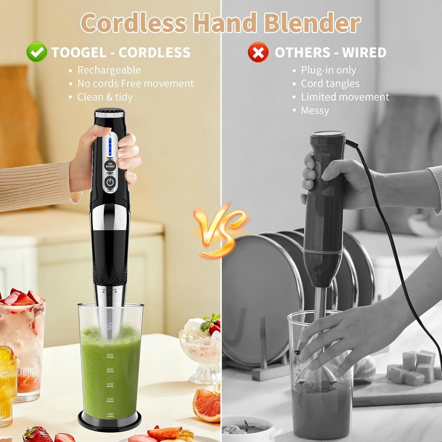 Toogel Cordless Immersion Blender, 4-in-1 Electric Hand Blender with 21-Speed…