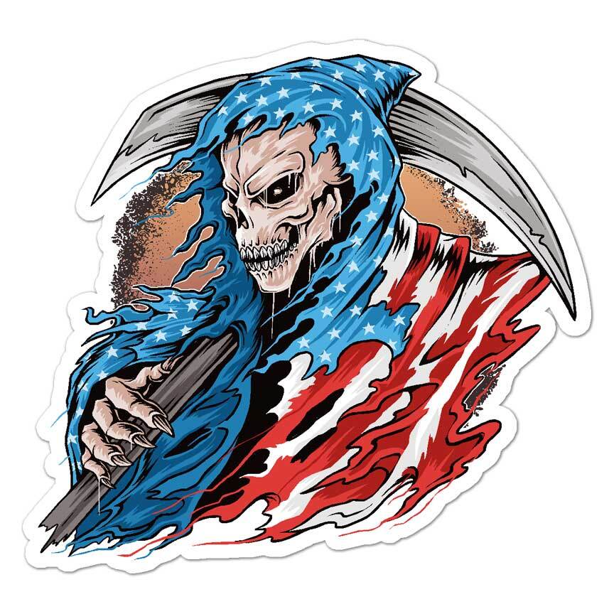 USA Flag Grim Reaper, Vinyl Decal Sticker, Indoor Outdoor, 3 Sizes, #7910
