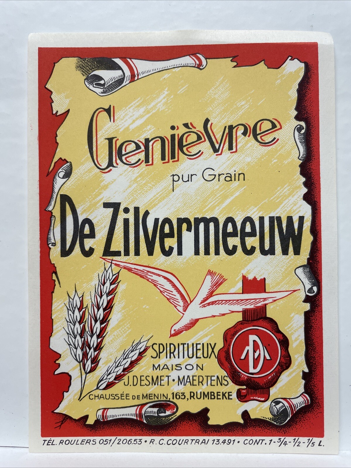 1920s Genièvre Pur Grain De Zilvermeeuw Spiritueux Rumbeke, Belgium Label