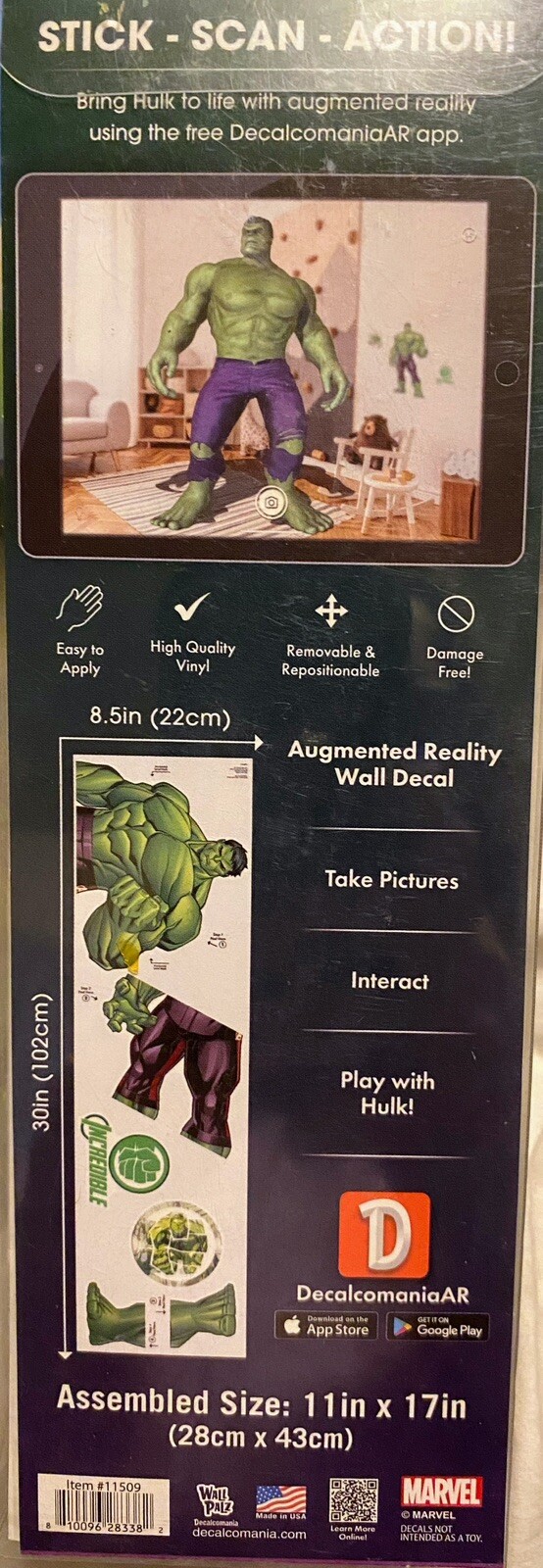 Peel & Stick Marvel The Hulk Wall Decal 11”in x 17”in ~New