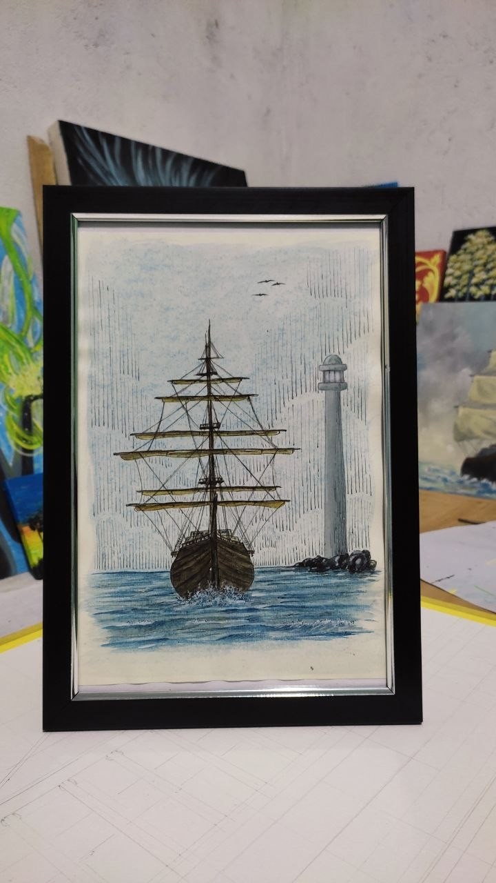 Original Watercolor Painting Ship Lighthouse Framed Nautical Wall Art Handpaint