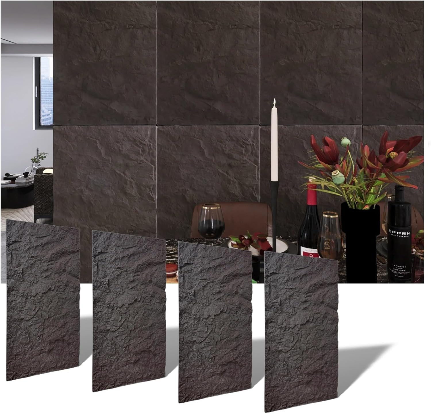 Chic 3D Faux Stone Wall Panels – Waterproof Black Wainscoting, Set of 4