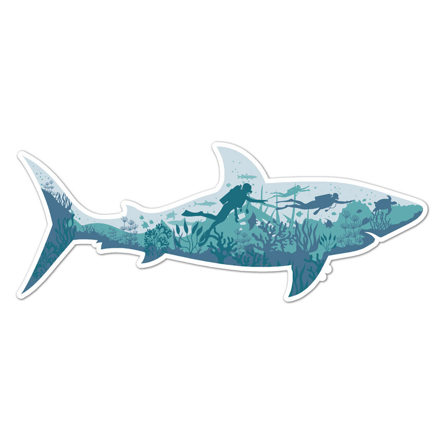 Shark Scuba Divers, Vinyl Decal Sticker, Indoor Outdoor, 3 Sizes, #9751