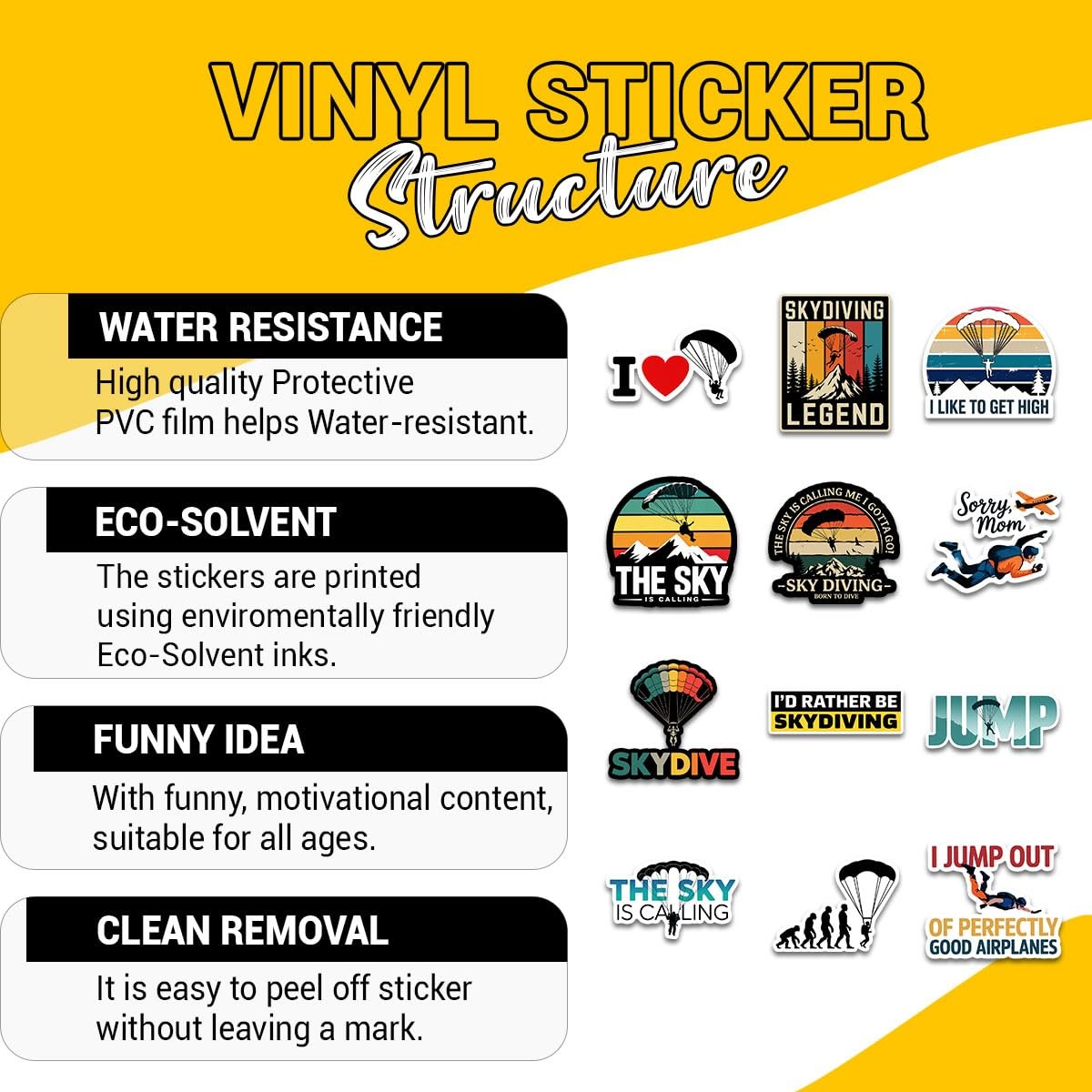 12 Pcs Skydiving Stickers Set, Funny Parachute and Adventure with Quotes like Th