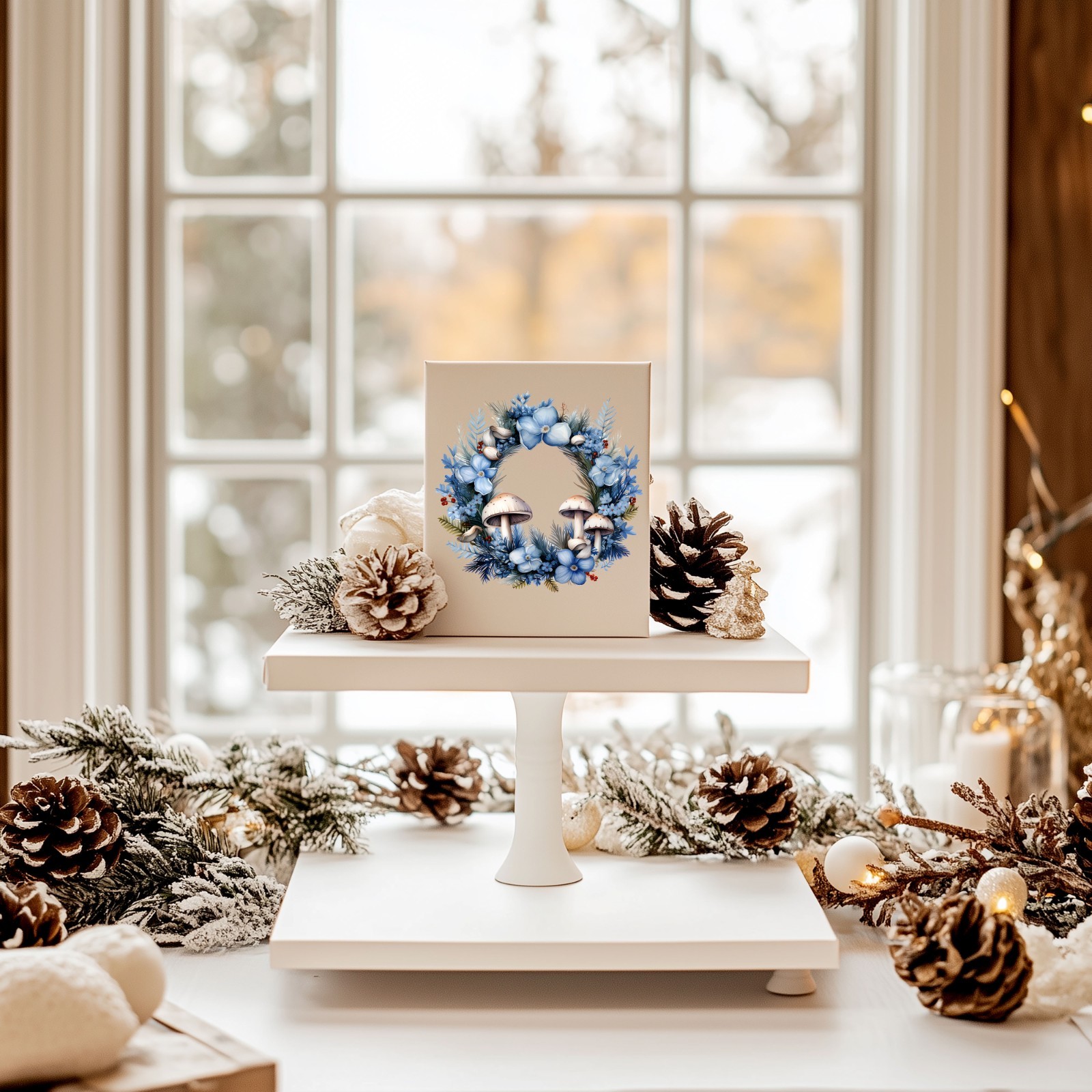 Blue and White Mushroom Wreath UV DTF Transparent Sticker / Decal