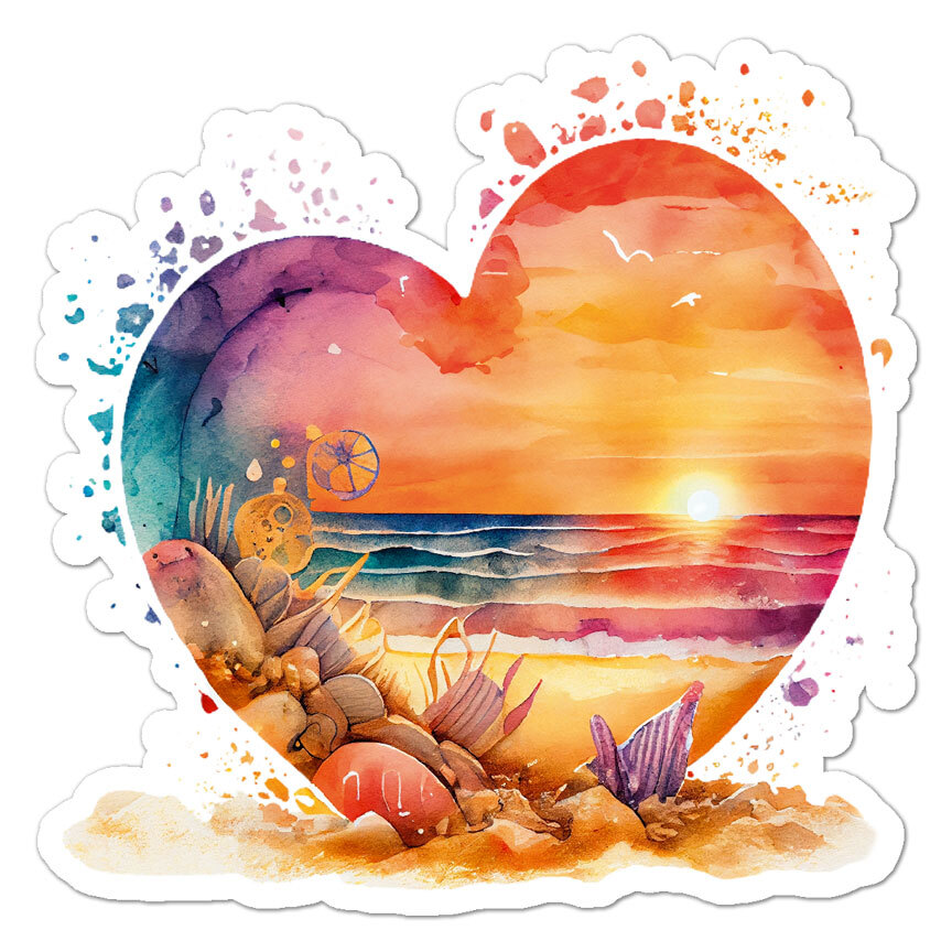 Beach Heart Sunset, Vinyl Decal Sticker, Indoor Outdoor, 3 Sizes, #8753