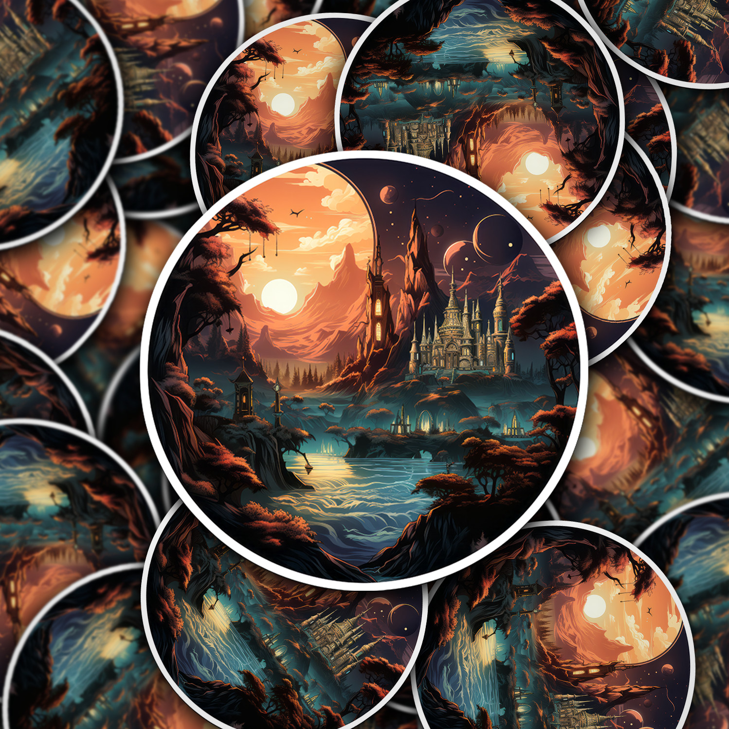 Steampunk Fantasy Landscape Sticker – Transport Yourself to a World of Adventure