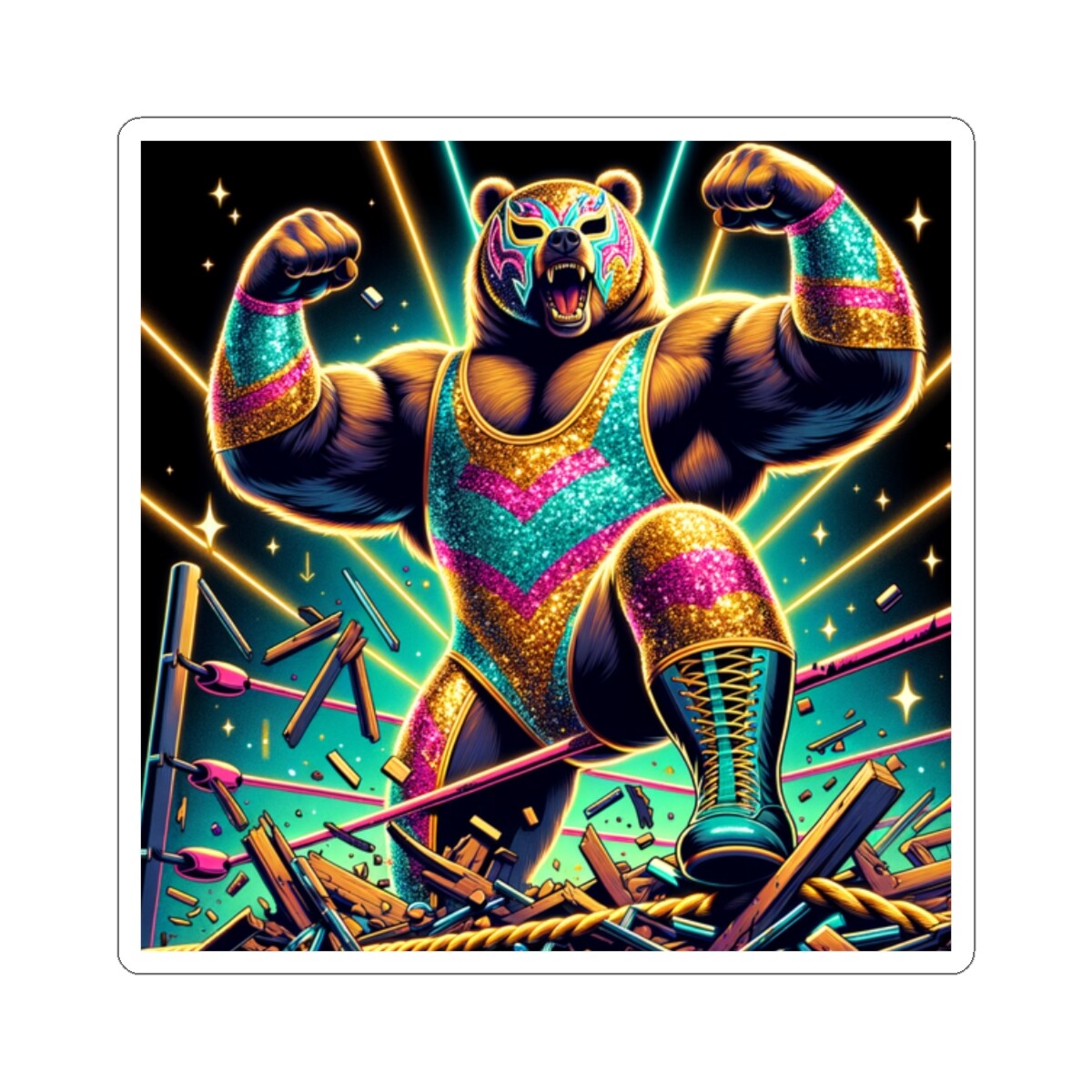 Sticker Retro Wrestler Bear Luchador Art Grizzly NEW 2×2 3×3 4×4 6×6