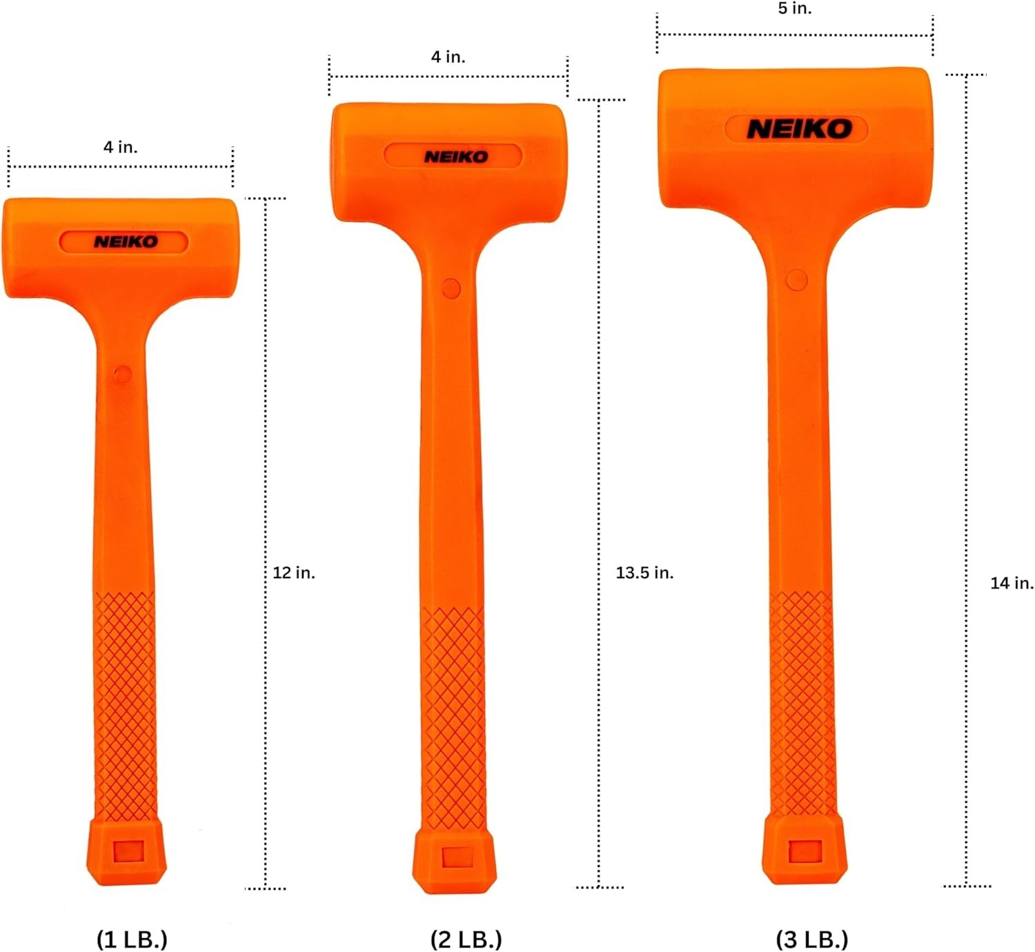 02888A Dead Blow Hammer Set, 3pc Neon Orange Deadblow Mallet, 1lb, 2lb, 3lb Hamm