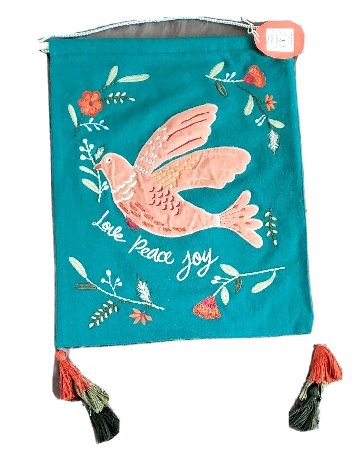 Wall Hanging Opahouse Designed with Jungalow 16” x 20”"Love PeaceJoy” Bird NWT