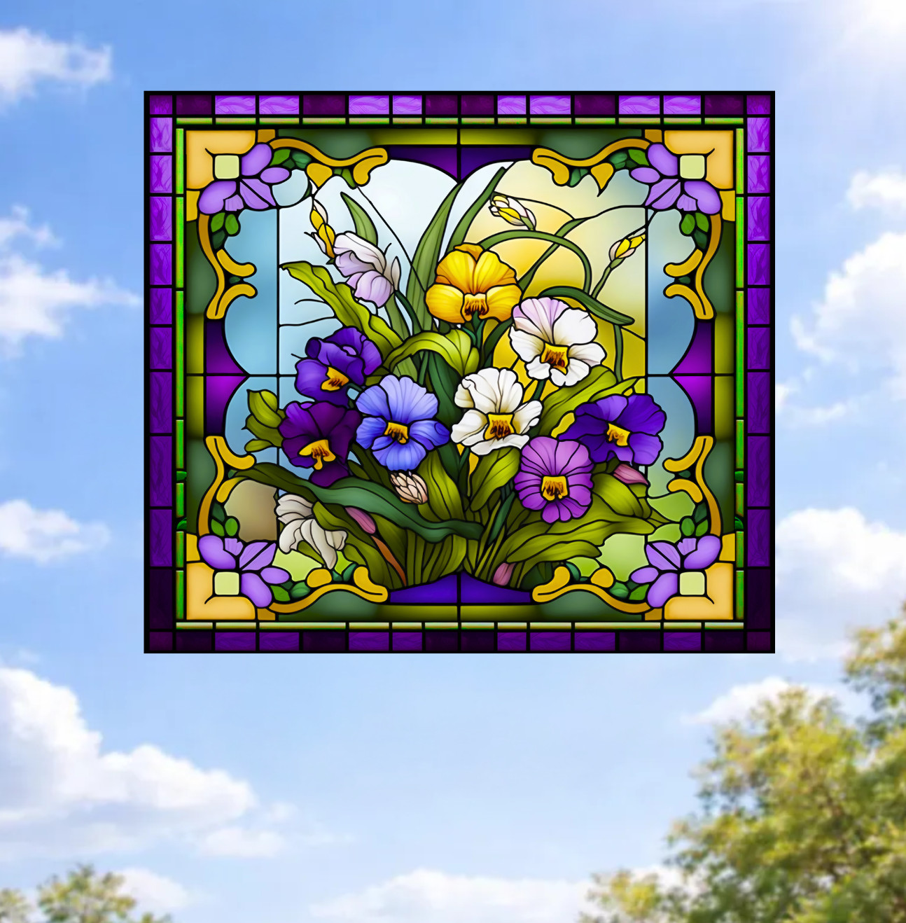 Pansies Faux Stained-Glass WINDOW CLING Size 9" Vinyl