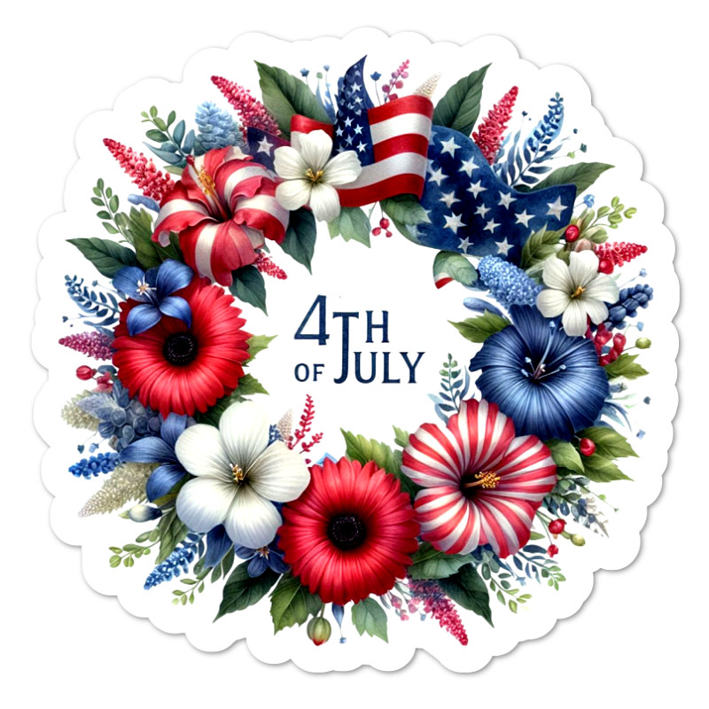 July 4 Wreath and Flowers Vinyl Sticker, Water Resistant, Laptop, Water Bottle