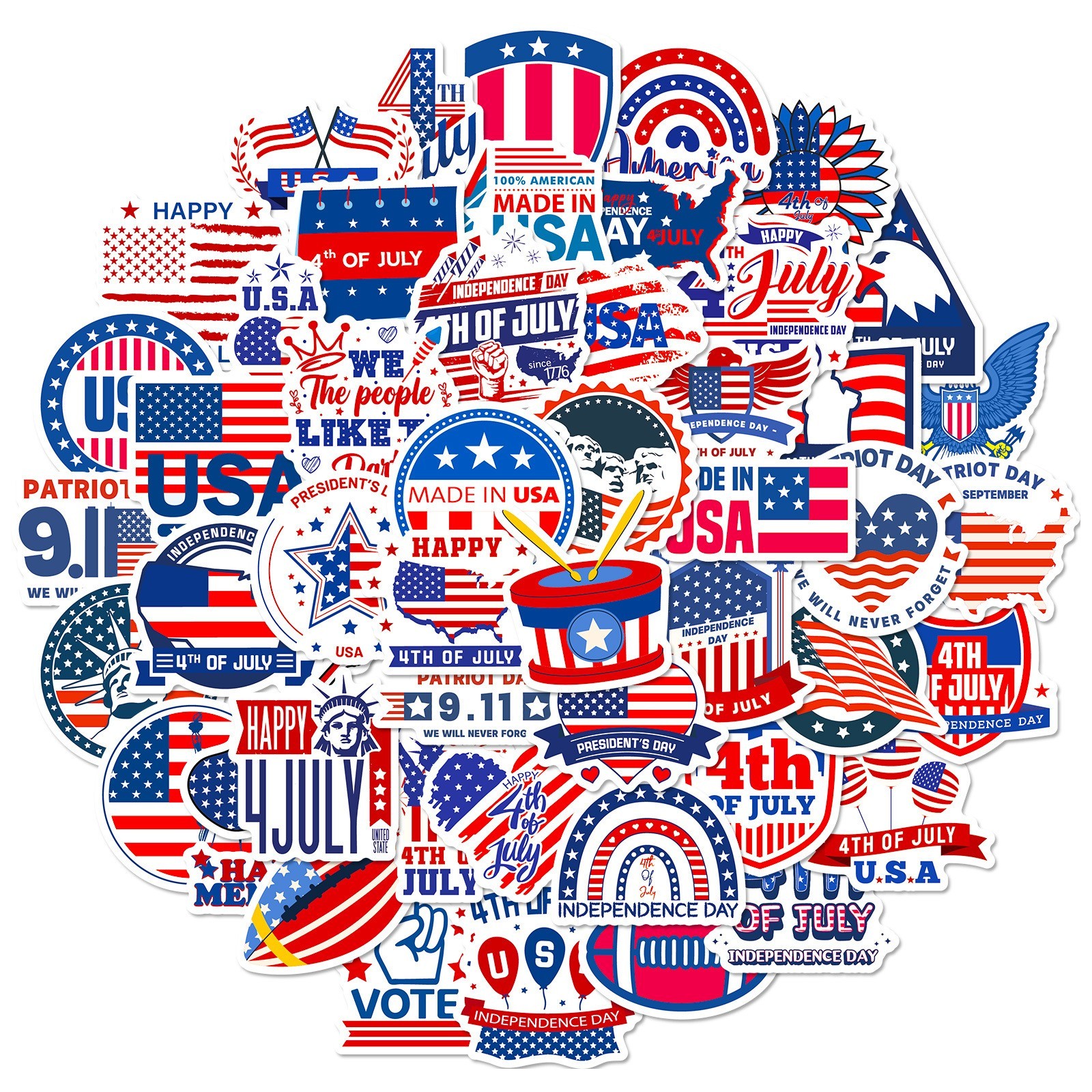50PCS USA Flag Patriotic Stickers Independence Day Faith Decals for Laptop Phone