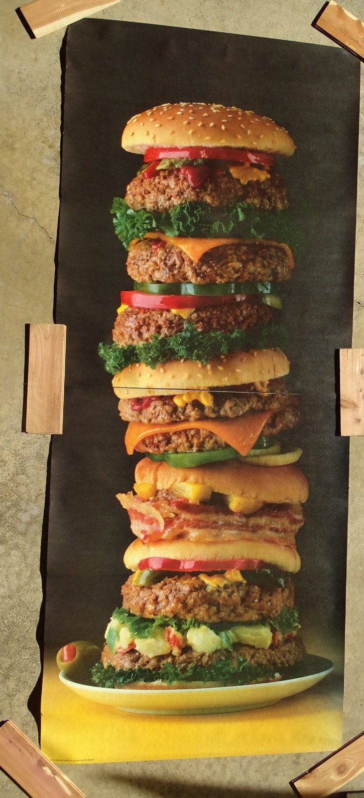 Delecious HUGE Towering Hamburger Photo Door Wall Mural Poster 82.5” X 34” nos