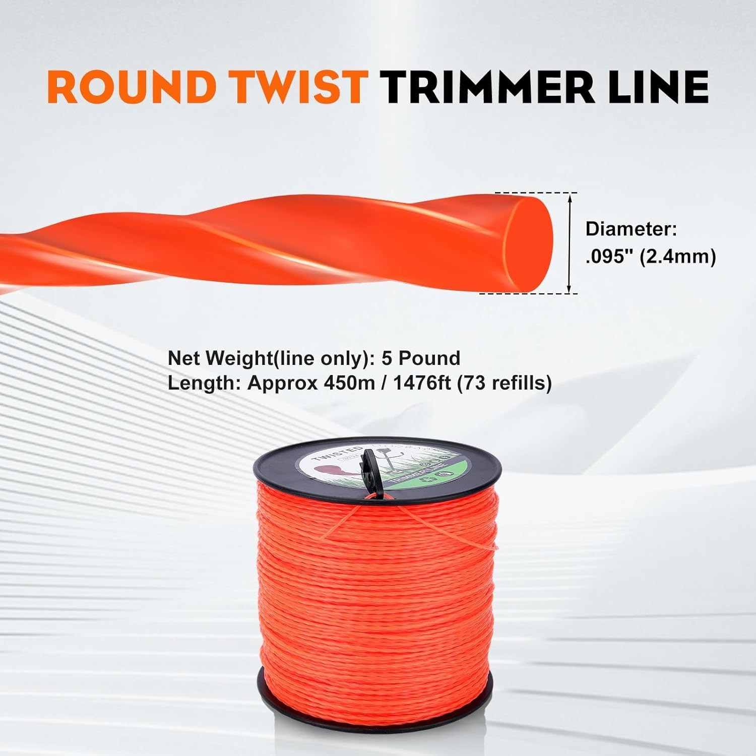 Hipa .095” 5-Pound by 1889-ft Trimmer Line Round Twist,Commercial 2.4 mm/095-Inc
