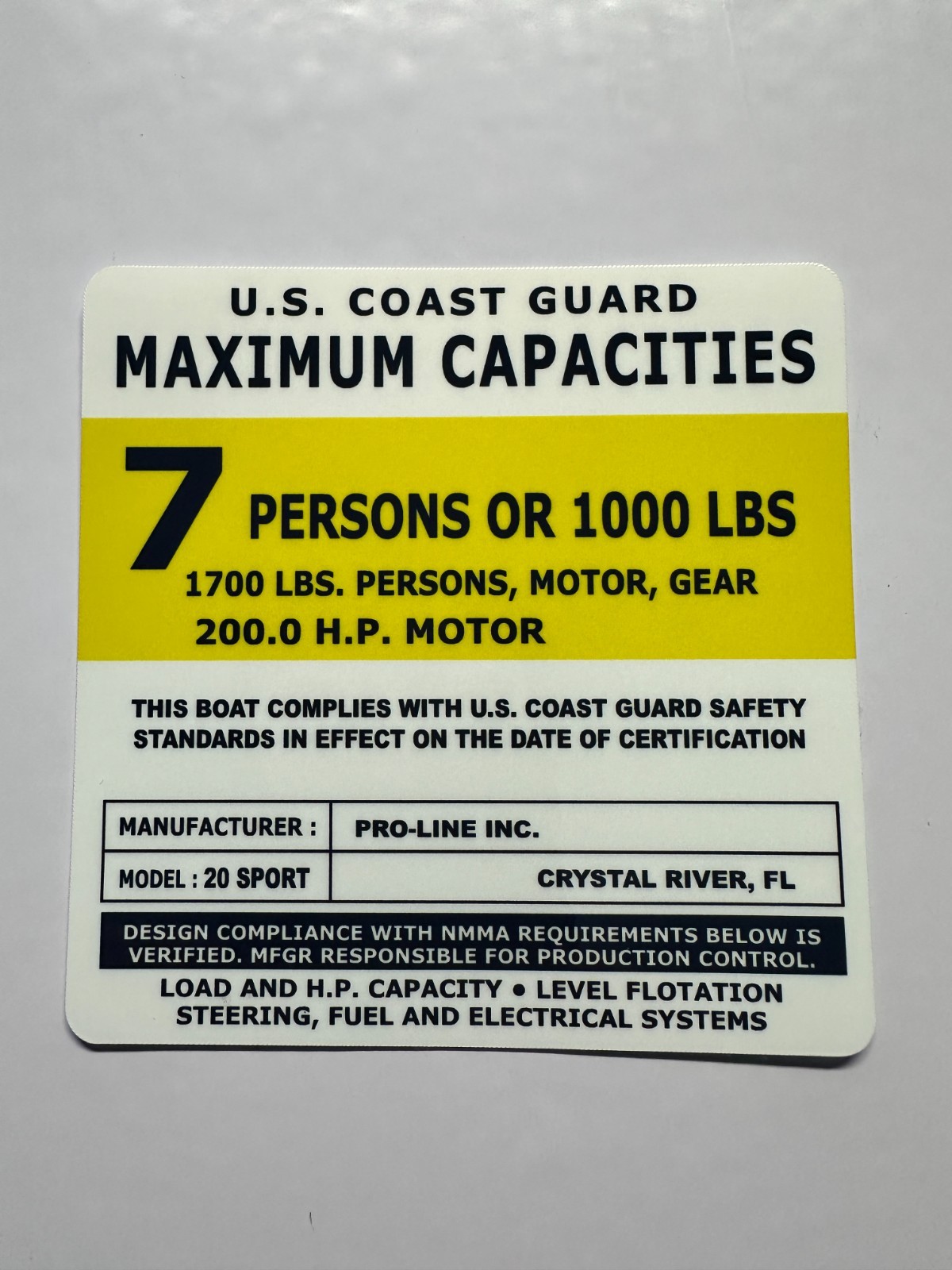 Pro-Line 20 Sport Capacity Decal Sticker | USCG 7 Person 200 HP Marine Tag