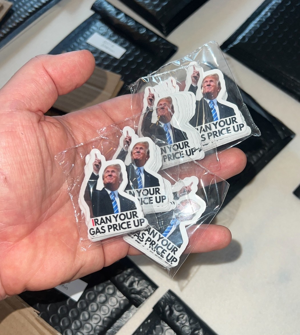 100 Trump Stickers "IRAN YOUR GAS PRICE UP" Gas Pump Waterproof Vinyl NEW 1.5"
