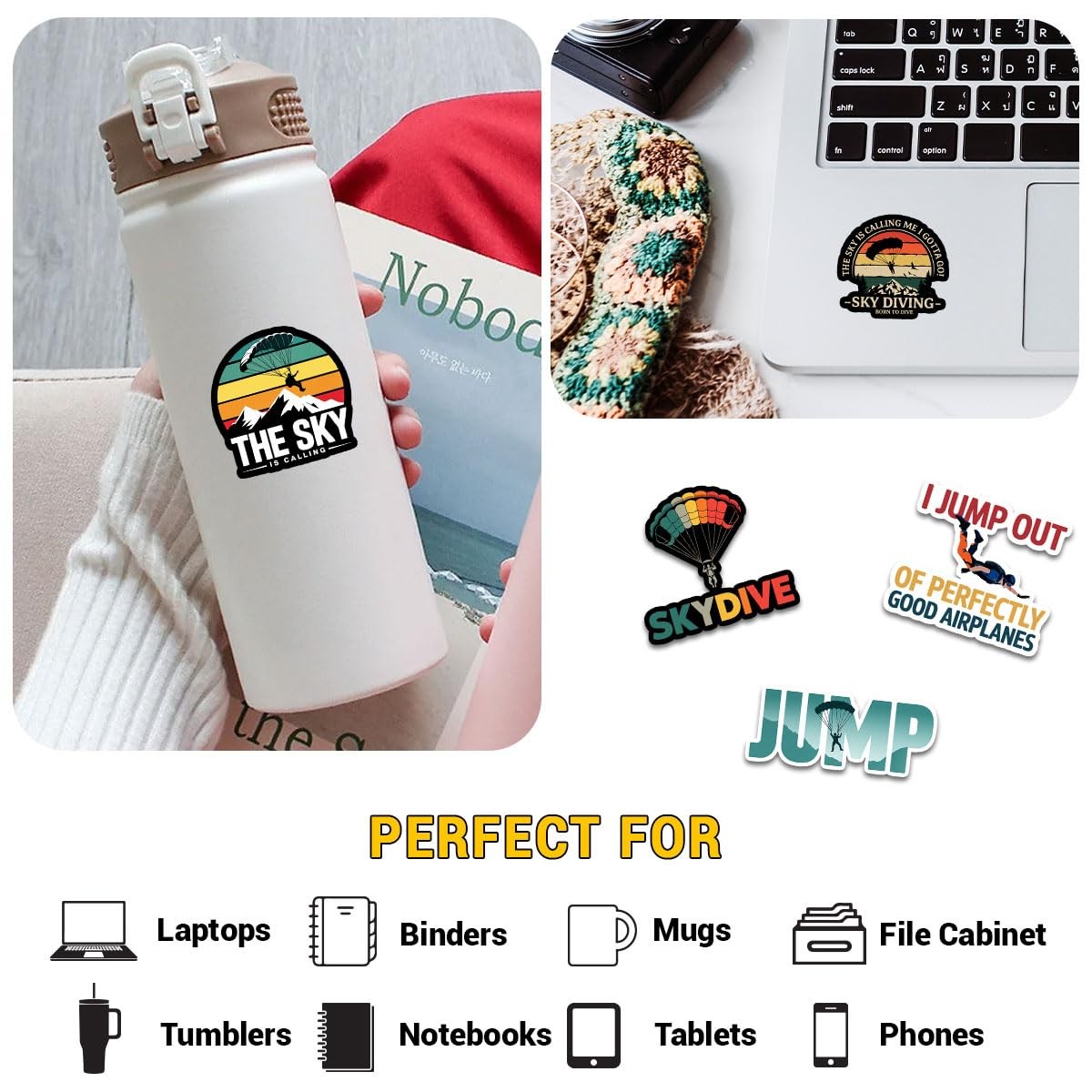 12 Pcs Skydiving Stickers Set, Funny Parachute and Adventure with Quotes like Th