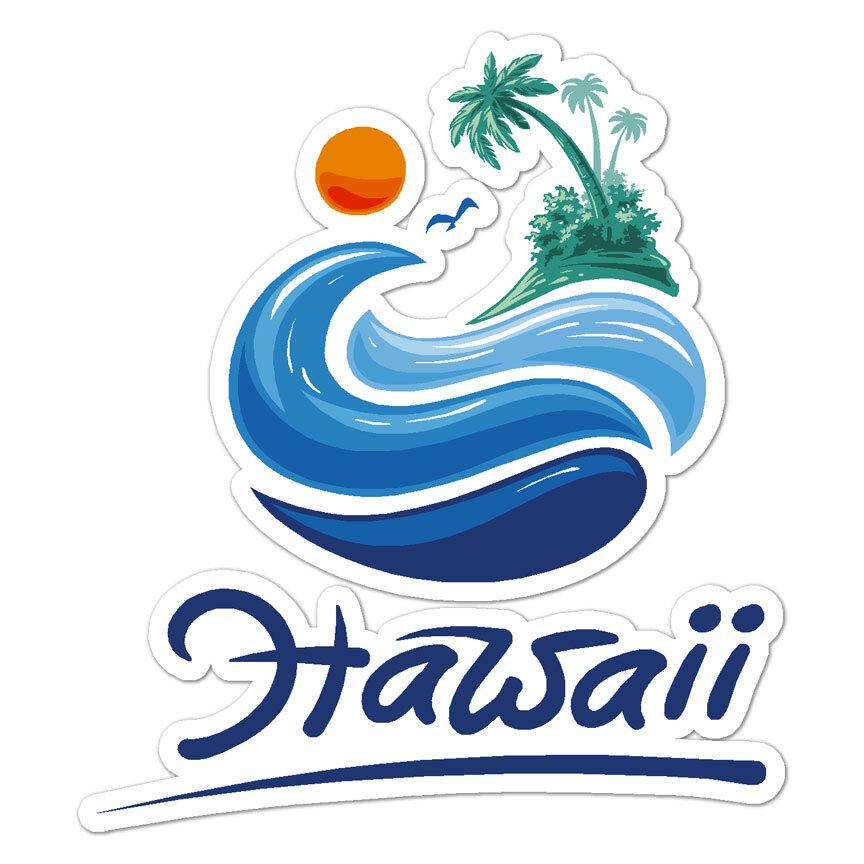 Hawaii Surf Palm Trees, Vinyl Decal Sticker, Indoor Outdoor, 3 Sizes, #9082