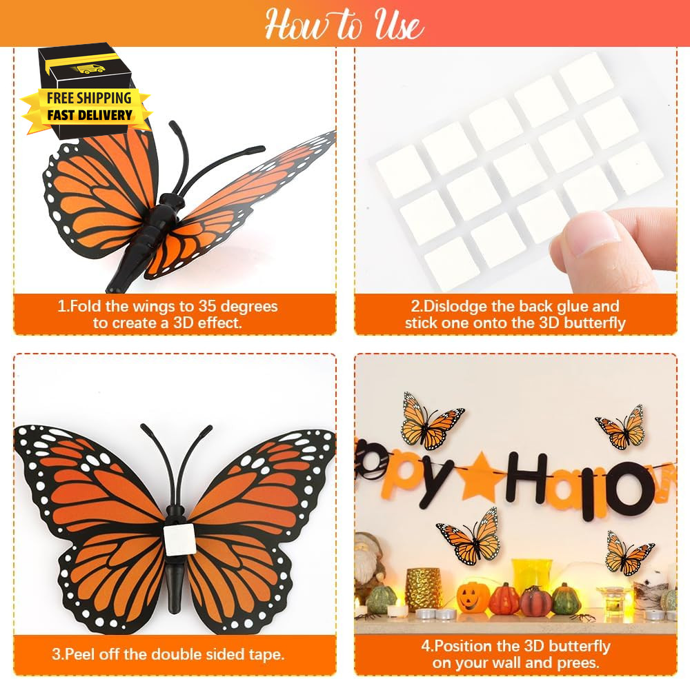 Monarch Butterfly Decorations, 3D Halloween Butterfly Wall Decor, 12Pcs Orange F