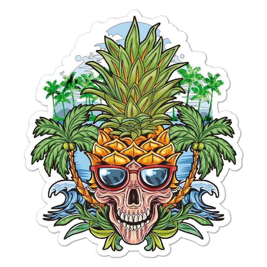 Pineapple Skull Palm Tree, Vinyl Decal Sticker, Indoor Outdoor, 3 Sizes, #7949