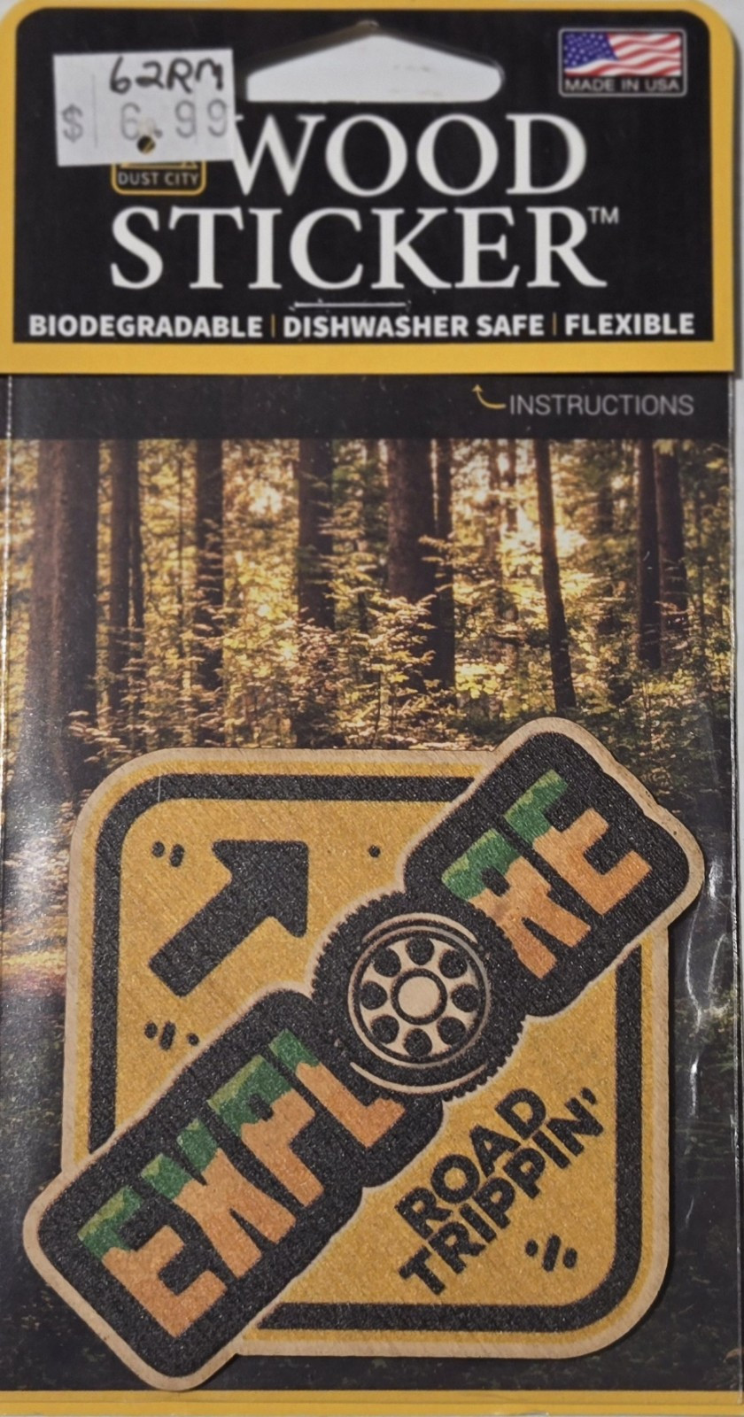 Dust City Wood Sticker "Explore" biodegradable, dishwasher safe, flexible. USA