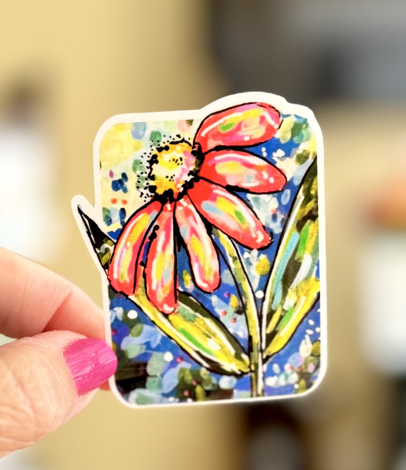 Pink Daisy Sticker, ACEO Bright Color Flower Cute Sticker, Decal, Waterproof