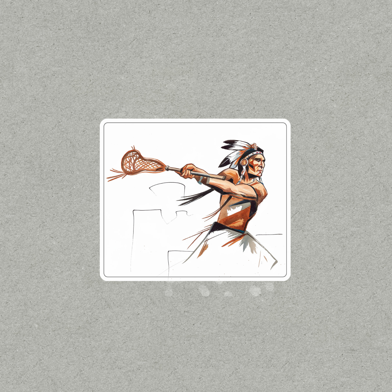 Native American Lacrosse Player Sticker – Watercolor Illustration of Warrior wit