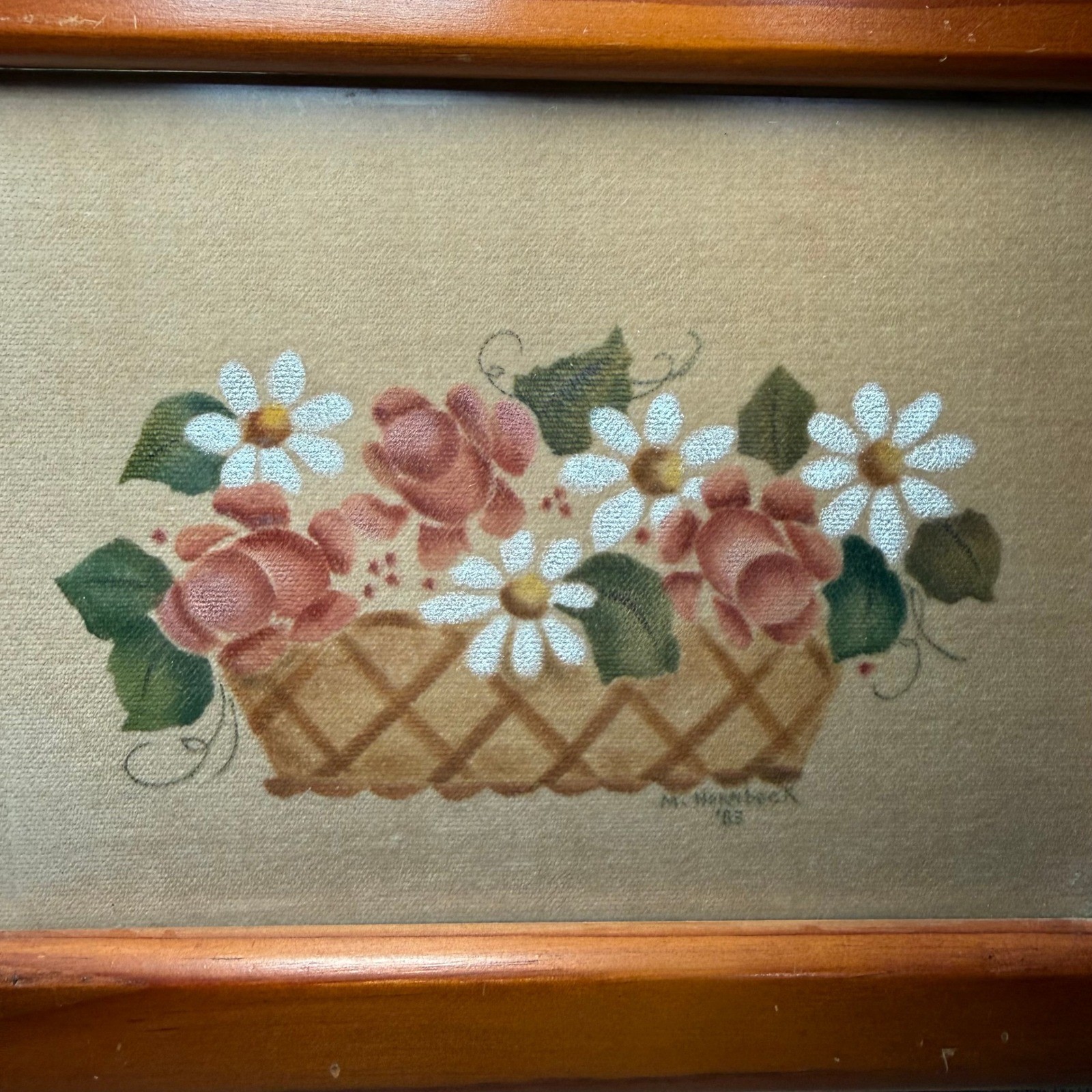 Vintage 1983 Theorem Painting Folk Art Roses Daisies Basket Signed M Hornbeck