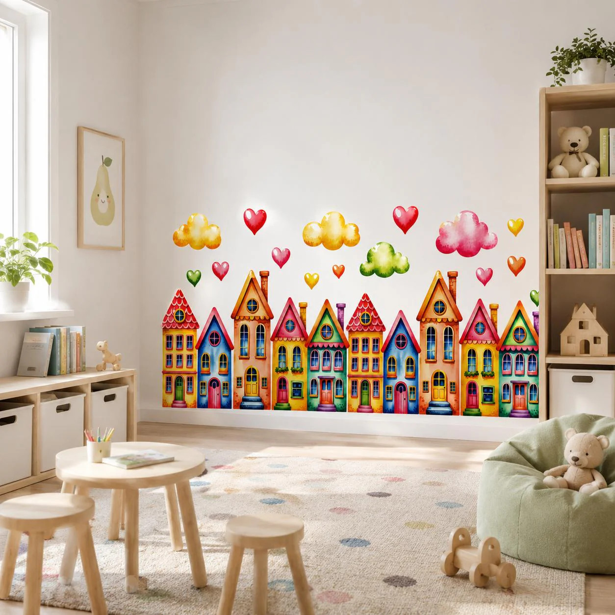 Colorful Watercolor Houses Wall Vinyl Decal | Rainbow Town Street Sticker