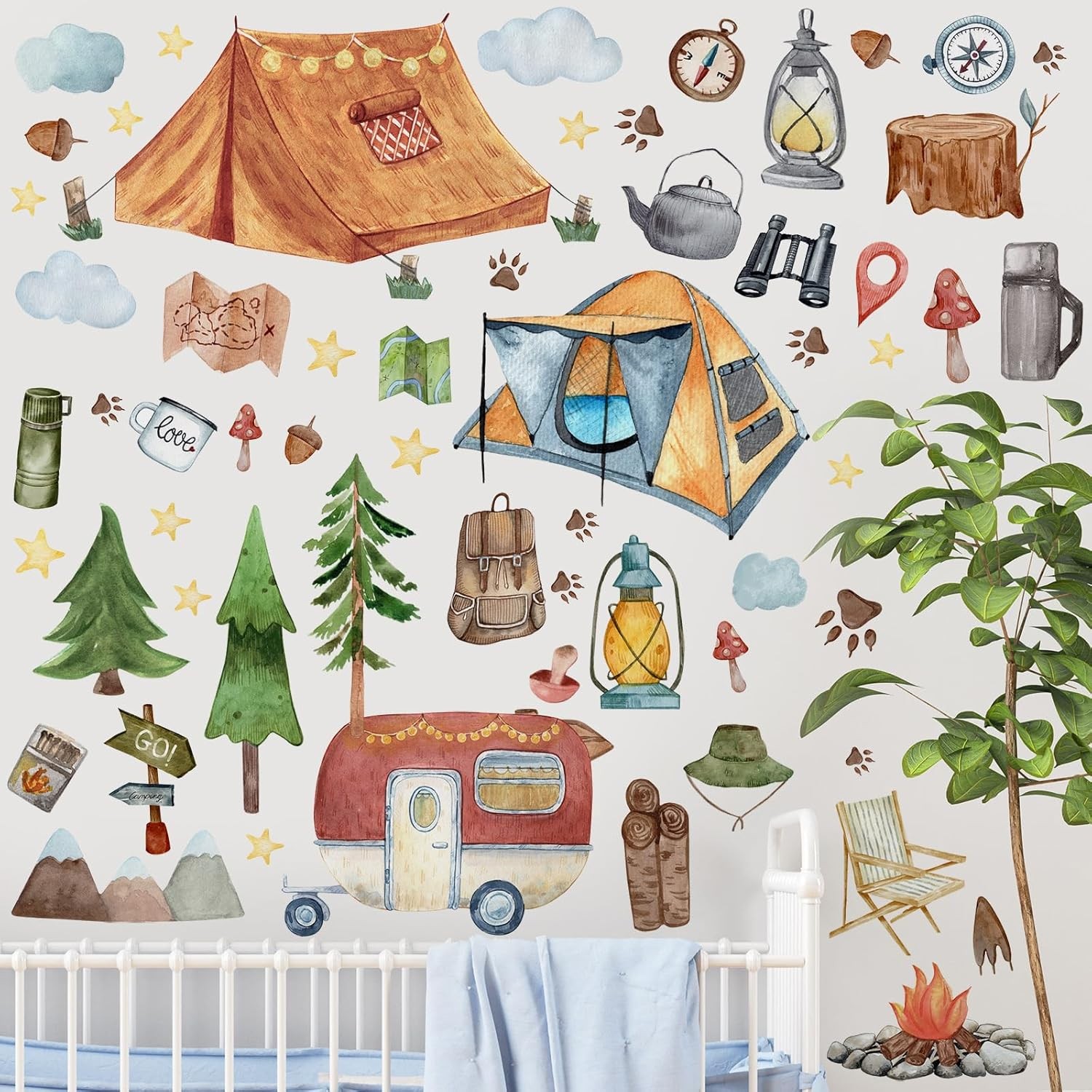 2 Sheet 64 Pcs Camping Wall Decals Stickers Adventure Theme As Picture Shown