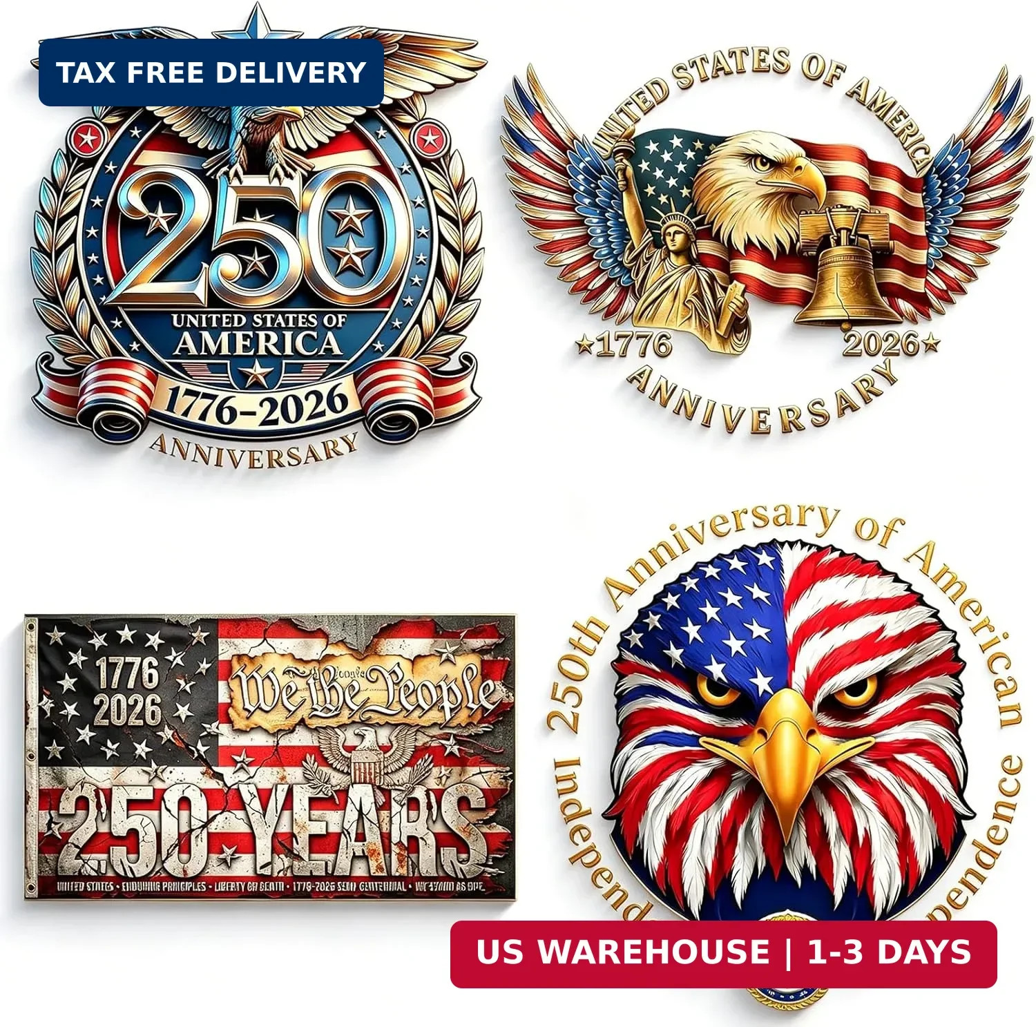 4 pcs 250th Anniversary USA Car Decal Sticker,1776-2026 Patriotic Colorful FAST